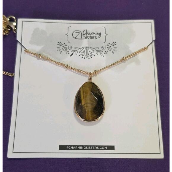 Tiger's Eye Teardrop Pendant Necklace On Gold Tone Satellite Station Chain - Picture 1 of 8